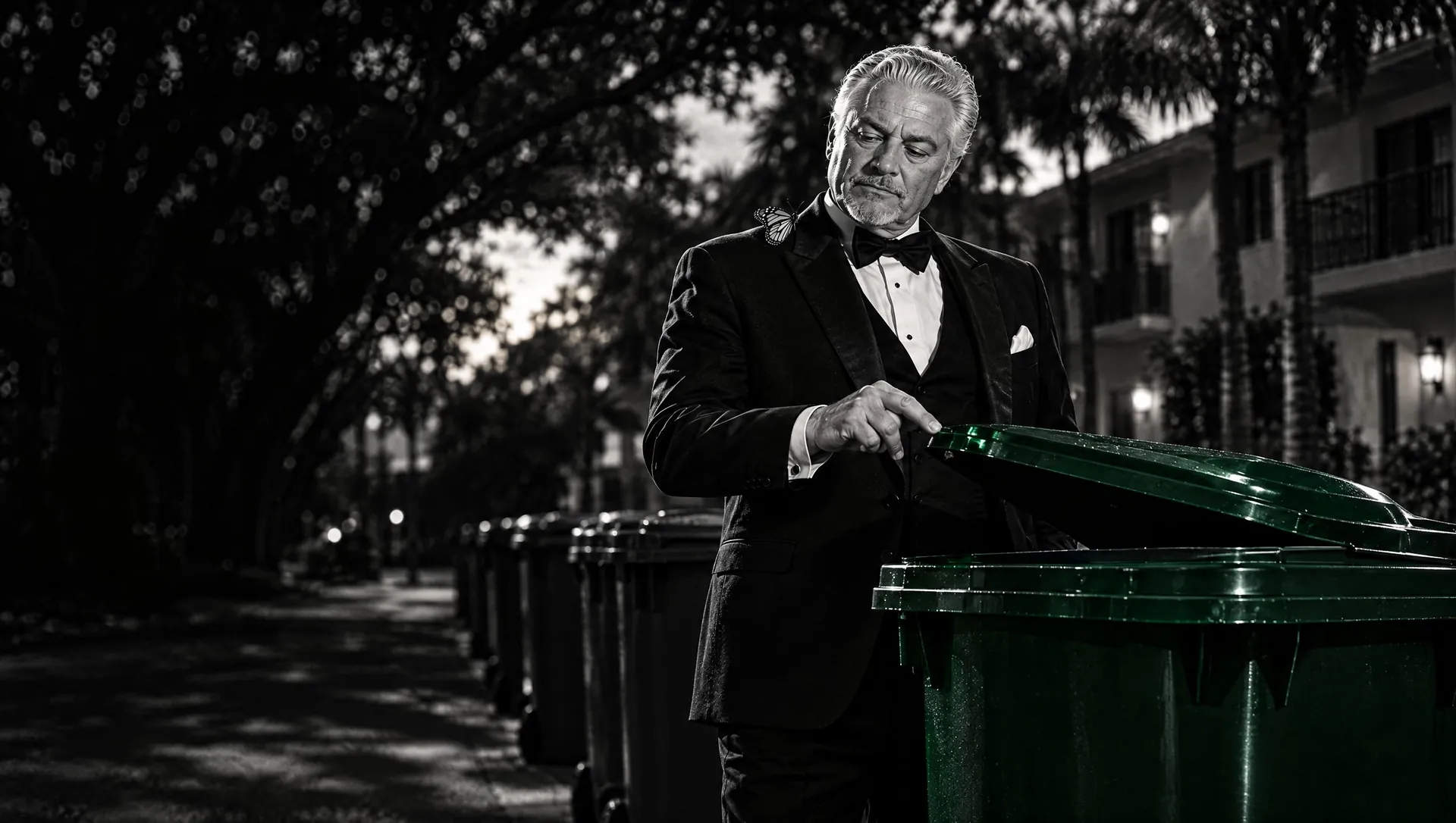 Illustration: at dusk under a canopy of shade trees beside a two-storey condo building, the Don lifts the lid of a green trash cart with one finger, a line of carts behind him and a butterfly resting on his lapel.