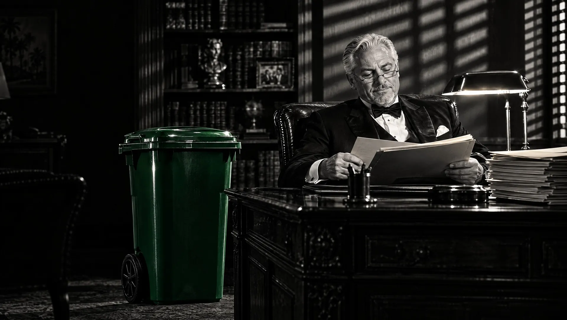 Illustration: the Don reads a case file at his desk, a green trash cart standing beside him.
