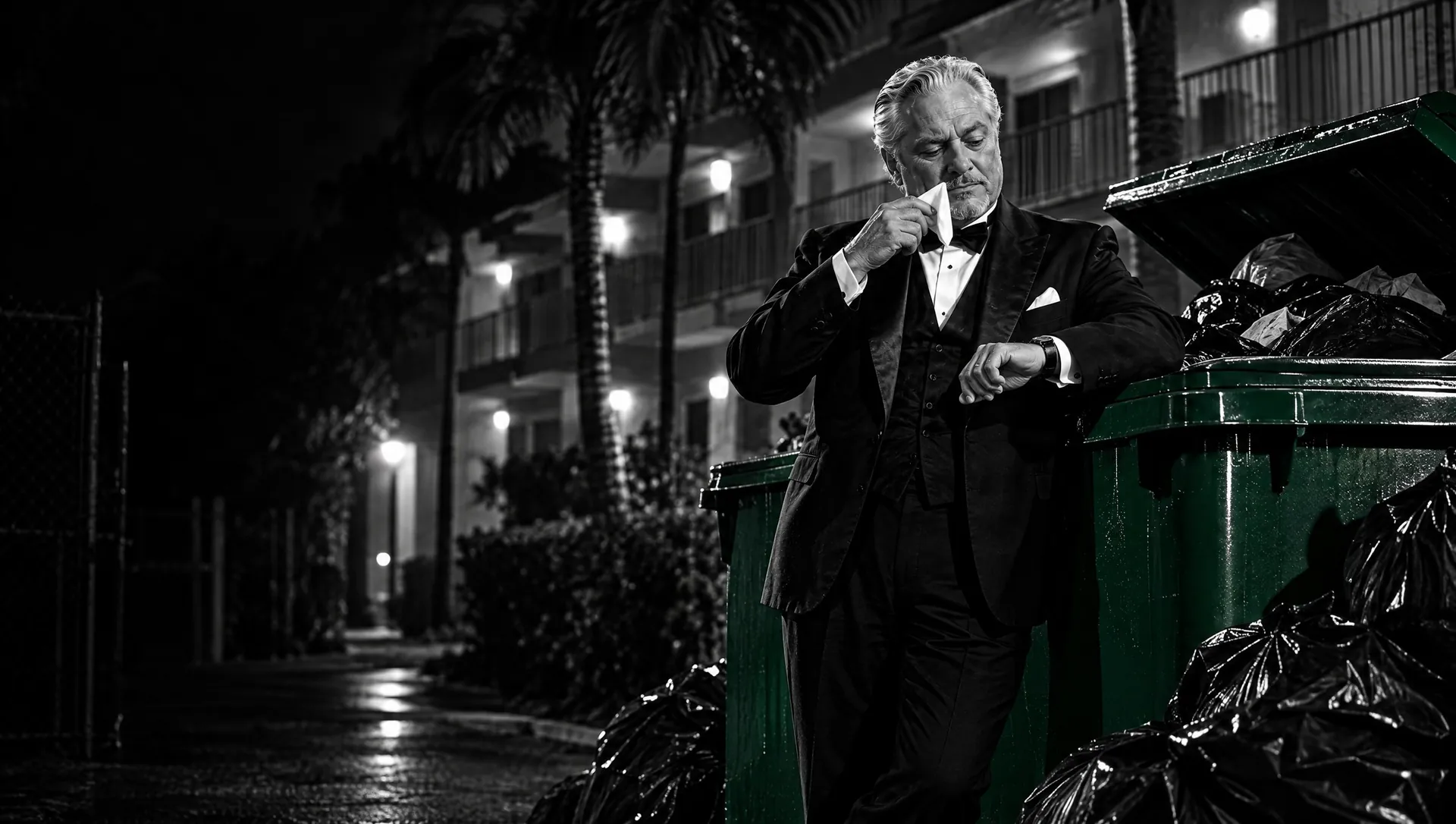 Illustration: at night behind a garden-apartment condo building with palm trees and lit balconies, the Don holds his pocket square to his nose and checks his wristwatch beside green dumpsters, one lid propped open by overflowing black bags, more bags piled at their feet.