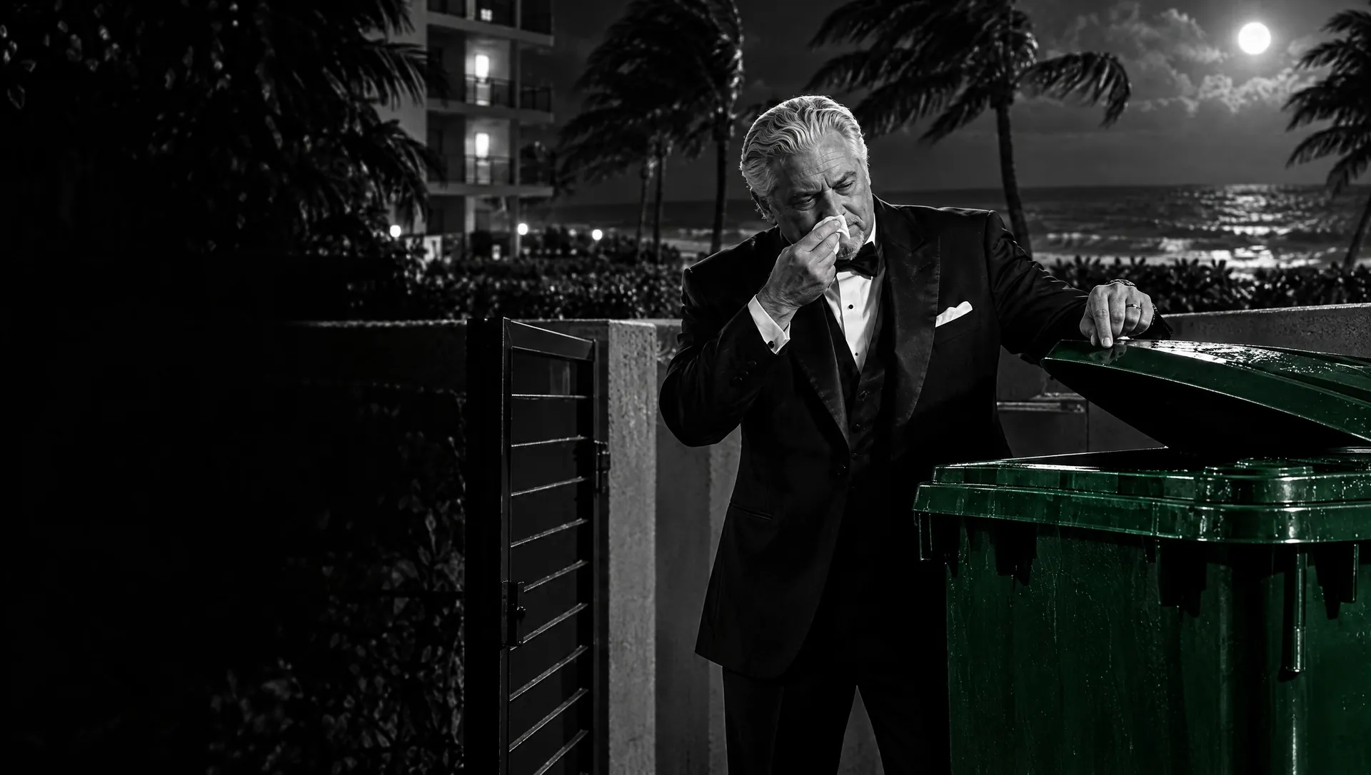 Illustration: at night behind a beachfront condo tower, palms bending in the wind and the moon over the ocean, the Don holds a handkerchief to his nose as he lifts the lid of a large green container beside an open enclosure gate.