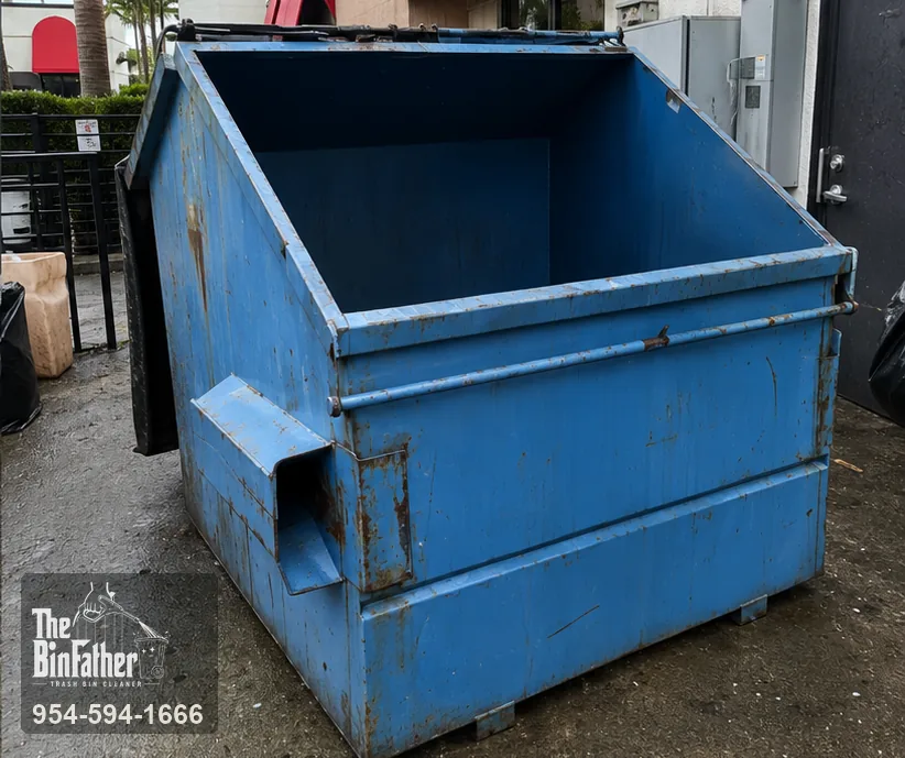 A restaurant dumpster behind a South Florida plaza, commercial dumpster cleaning in South Florida — after cleaning