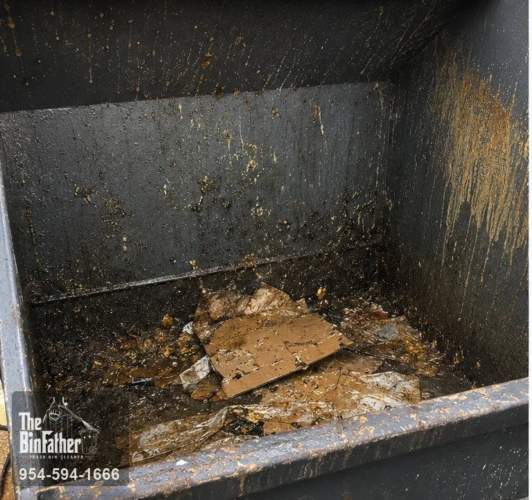 Inside a restaurant dumpster after a grease build-up, commercial dumpster cleaning in South Florida — before cleaning