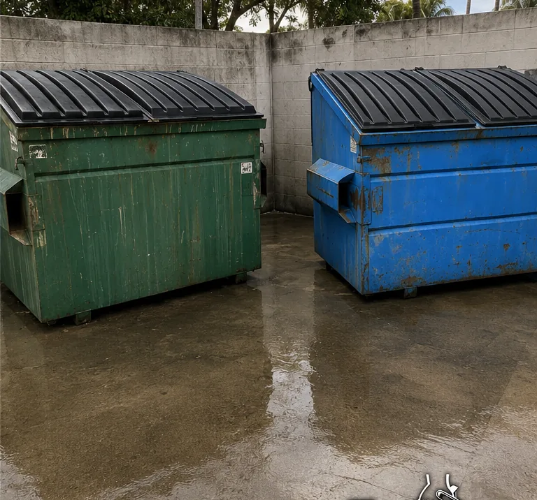 Two commercial dumpsters in a shared corral after cleaning, at a South Florida property