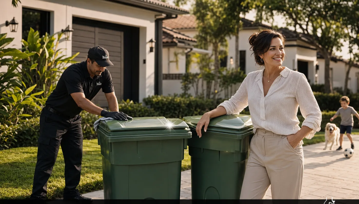 A homeowner beside two clean bins outside her house