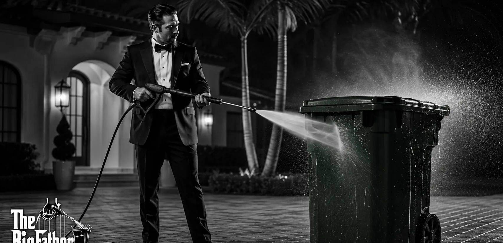 A man in a tuxedo pressure-washing a trash bin outside a South Florida home at night