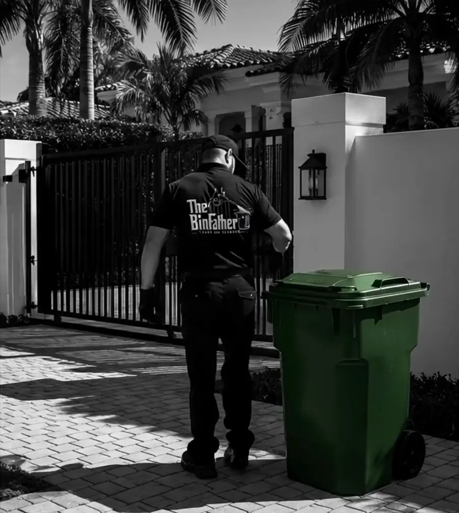 A technician returning a clean cart to a gated South Florida driveway