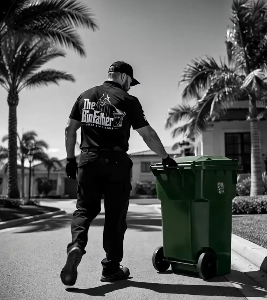 A BinFather technician wheeling a cart back up a palm-lined street