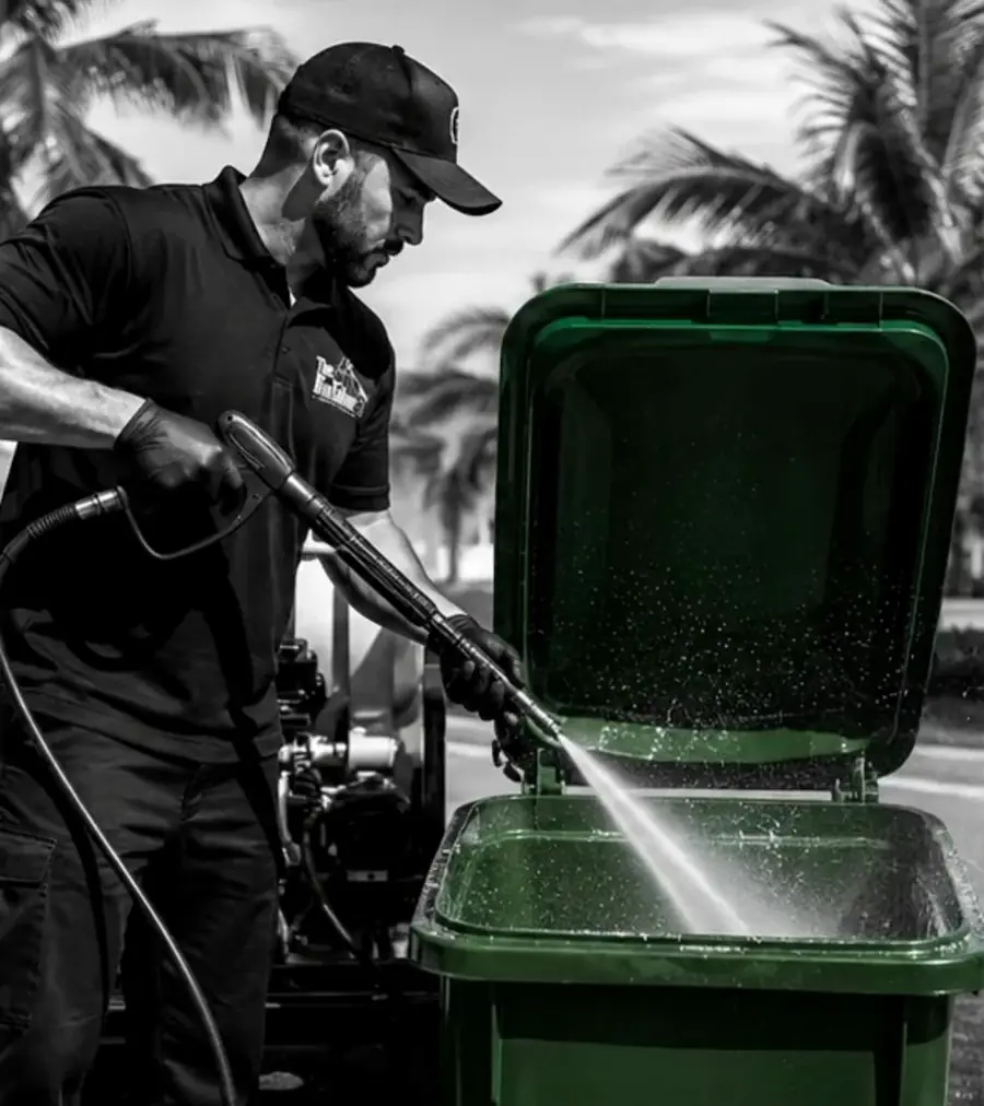 A technician washing out the inside of a green cart at the truck