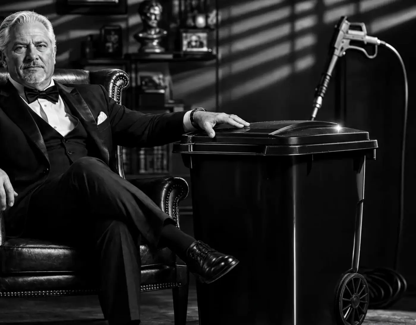 The BinFather — a portrait in the style of a 1970s film still, seated beside a spotless bin