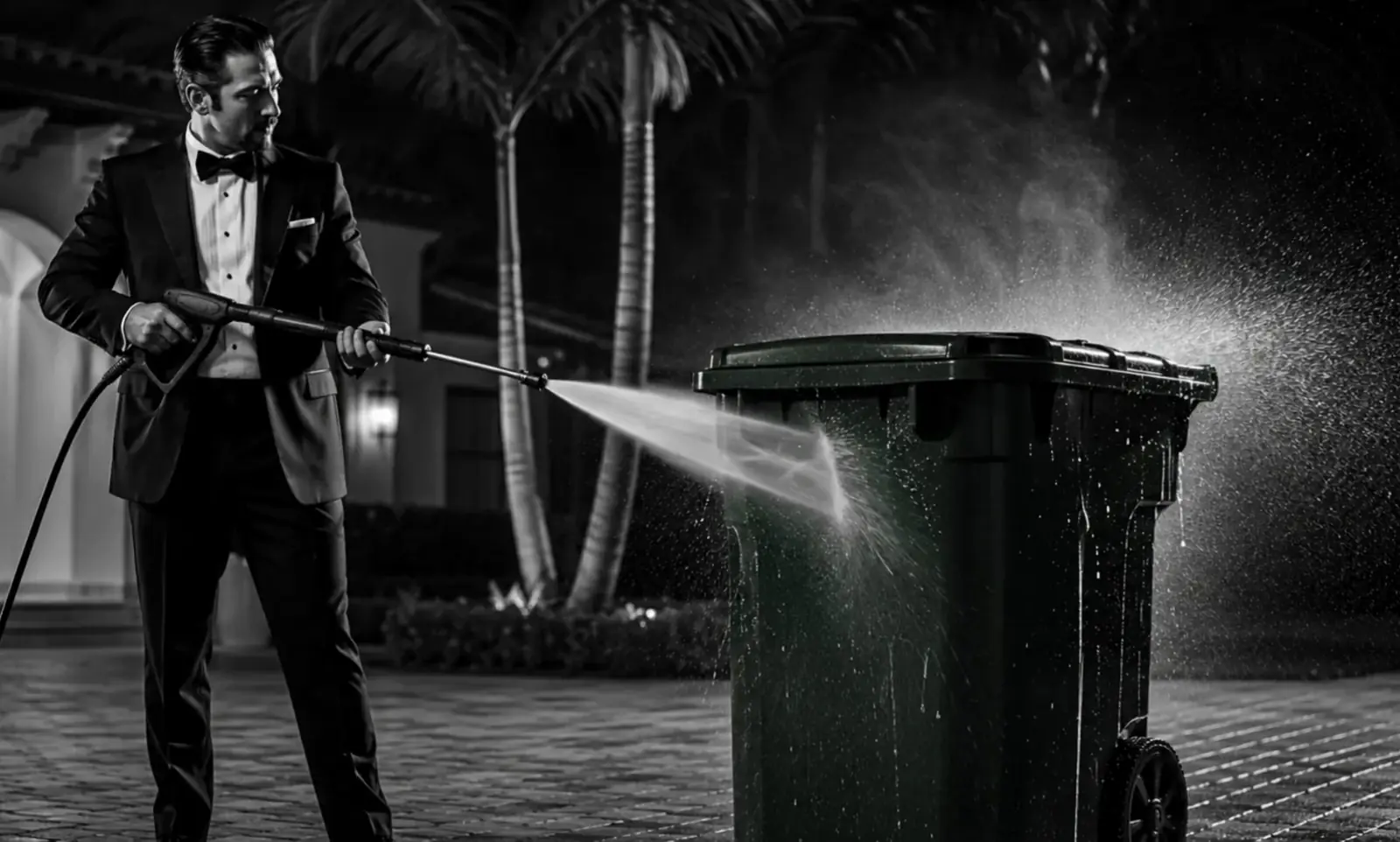 A man in a tuxedo pressure-washing a trash bin outside a South Florida home at night