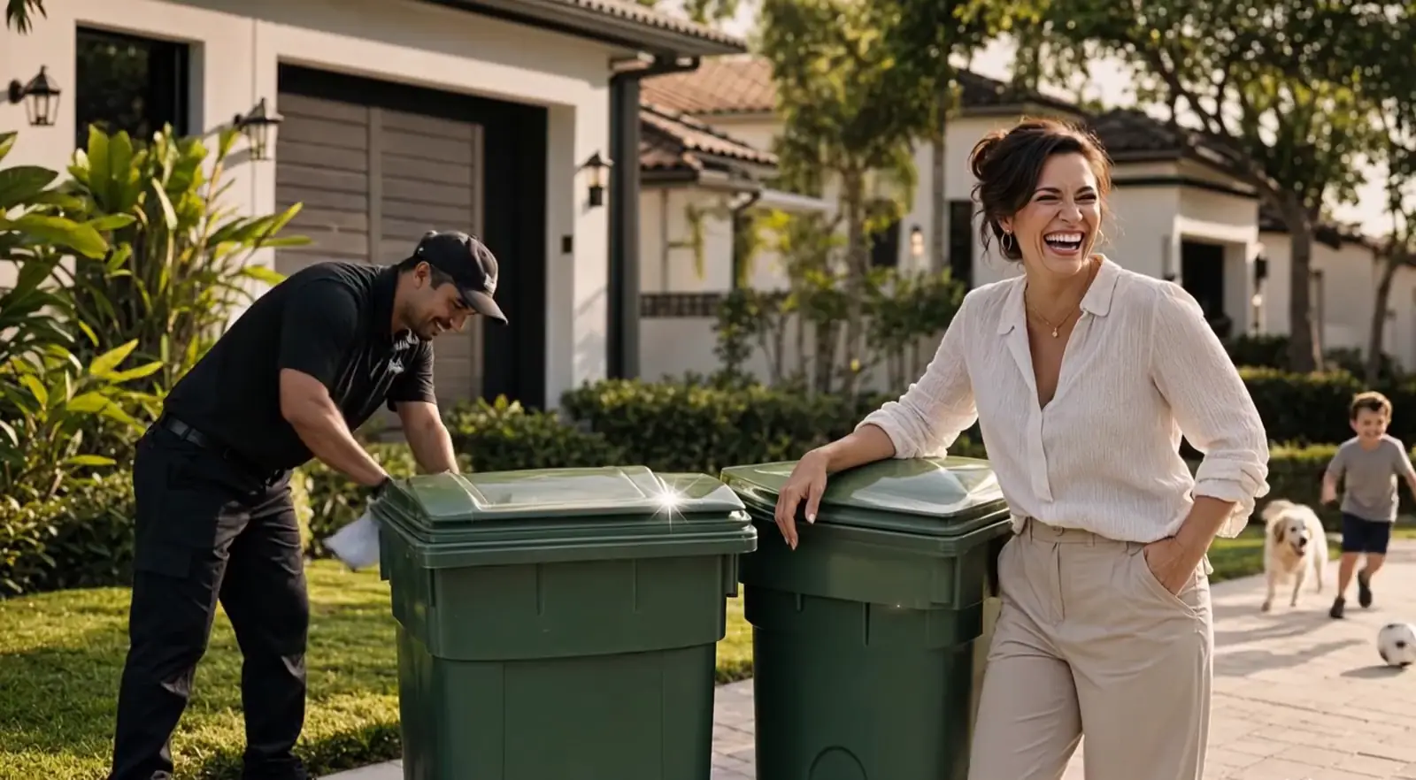 A homeowner laughing beside two freshly cleaned green bins as a technician closes a lid