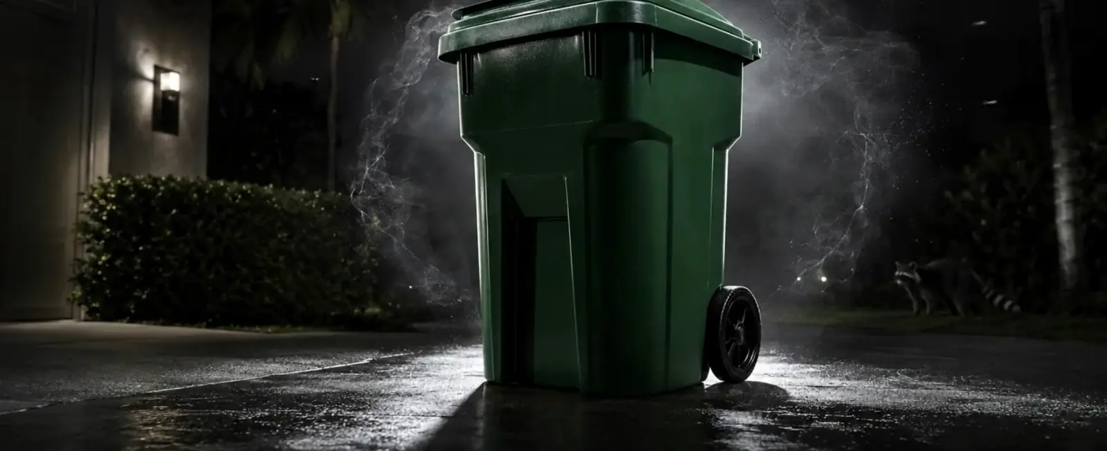 A trash bin at night outside a South Florida home, with odor rising and a raccoon nearby