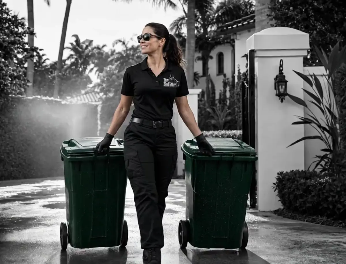 A BinFather technician walking two freshly cleaned carts back up a driveway
