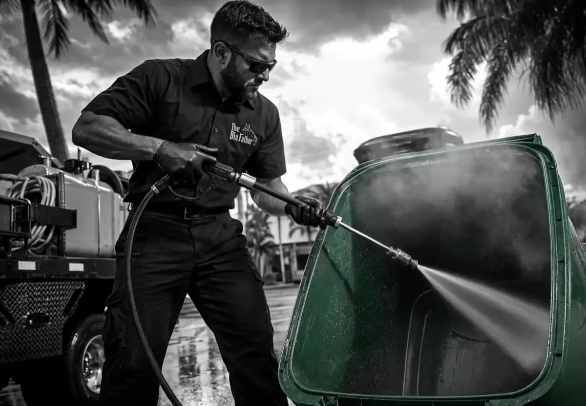 A BinFather technician washing out a green cart beside the service truck under a Florida sky
